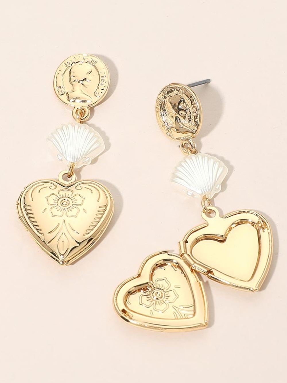 Gold Heart Shaped Locket Charm Engraved Layered Pearl Dangle Earrings